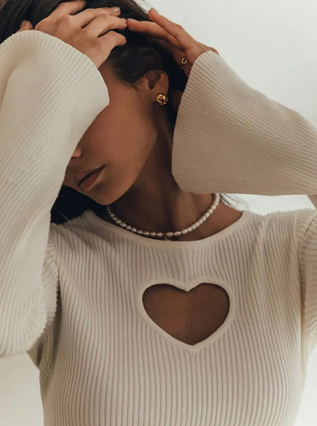 Heart™| Gerippter Pullover Ausgeschnittenes Herz Ausgestellte Ärmel