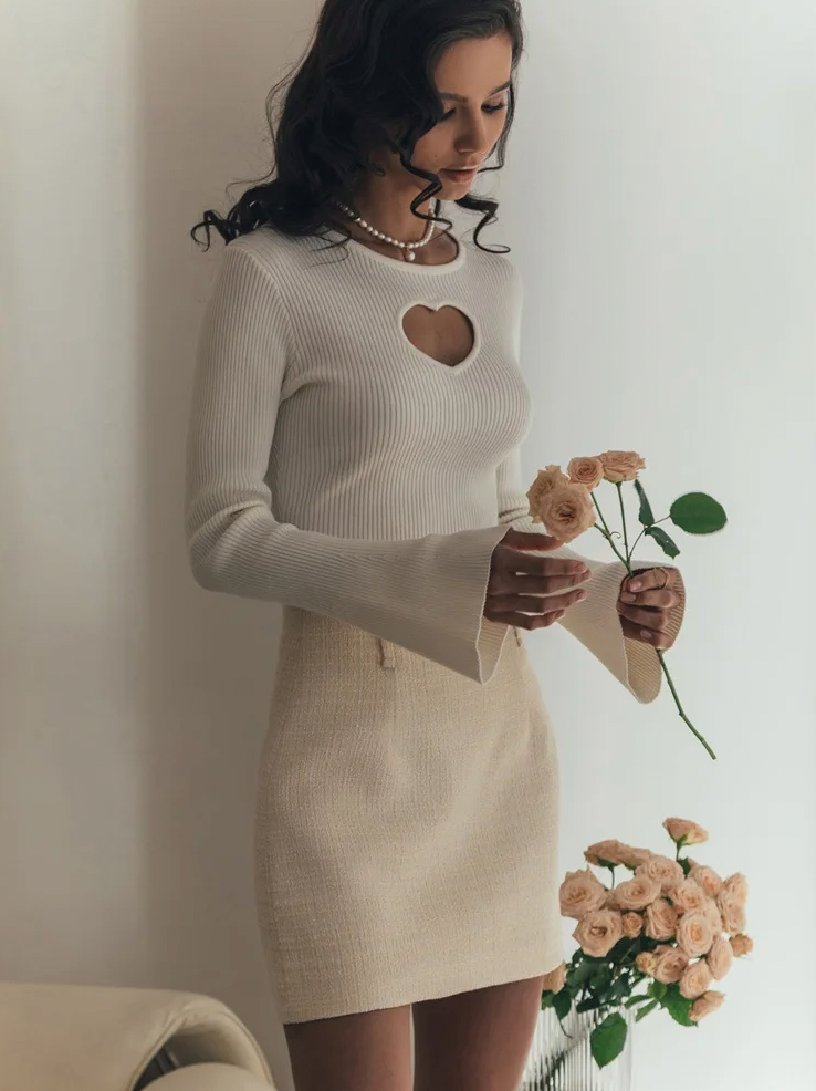 Heart™| Gerippter Pullover Ausgeschnittenes Herz Ausgestellte Ärmel