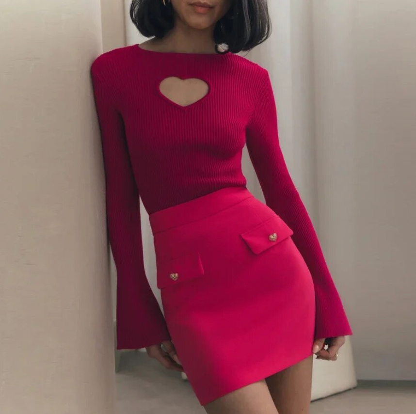 Heart™| Gerippter Pullover Ausgeschnittenes Herz Ausgestellte Ärmel